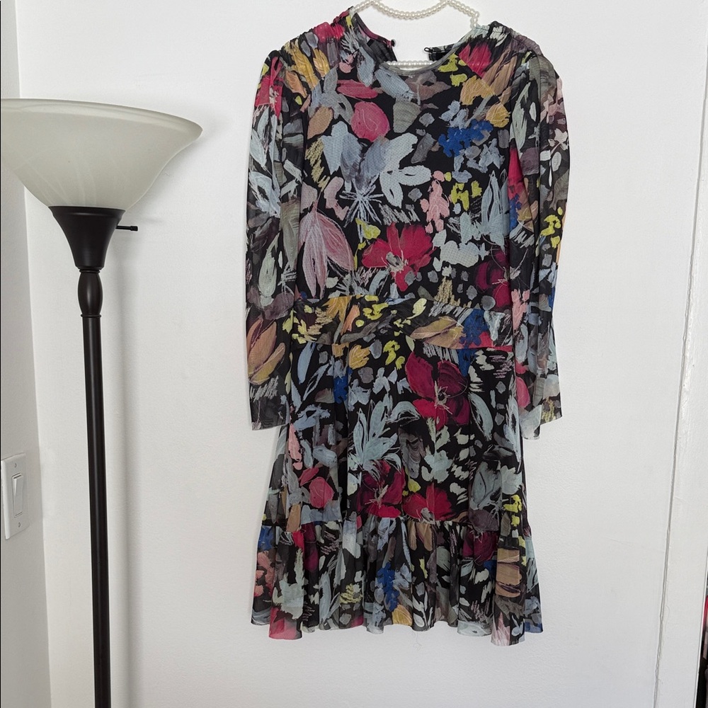 Ted Baker Black Floral Mesh Tiered Dress with Pink, Yellow and Blue Accents